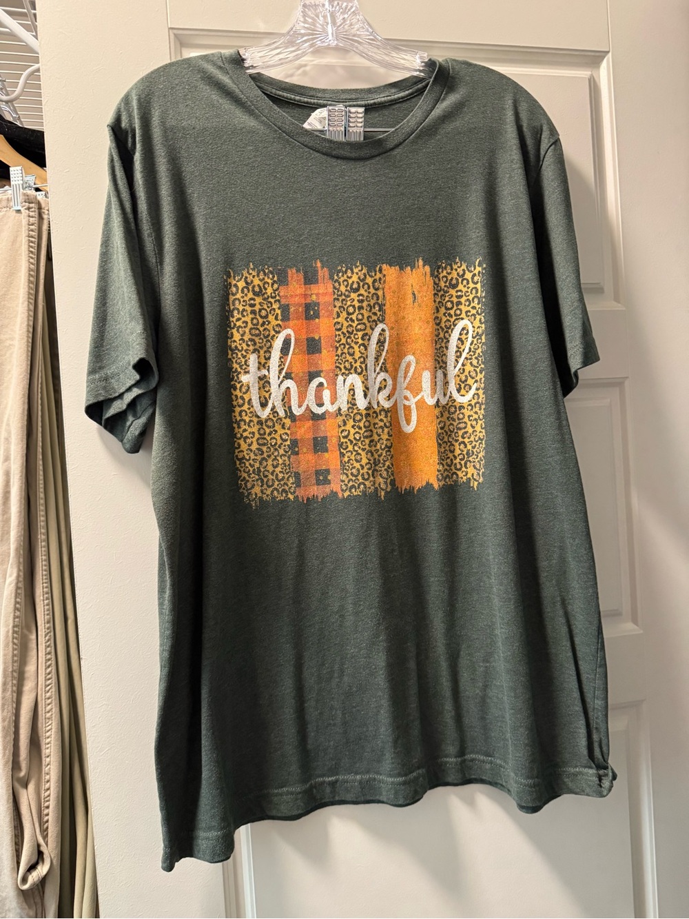 Bella Canvas Forest Green 'Thankful' Graphic Tee with Orange & Leopard Accents